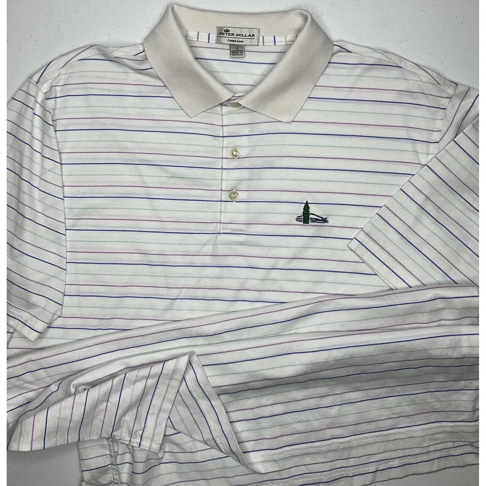 Peter Millar Polo Shirt Golf Mountain Lake Club Crown Ease Striped Embroidered L